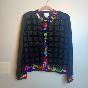 Just B Beaded Embellished Novelty Cardigan Sweater Shoes Purses Fashion Medium